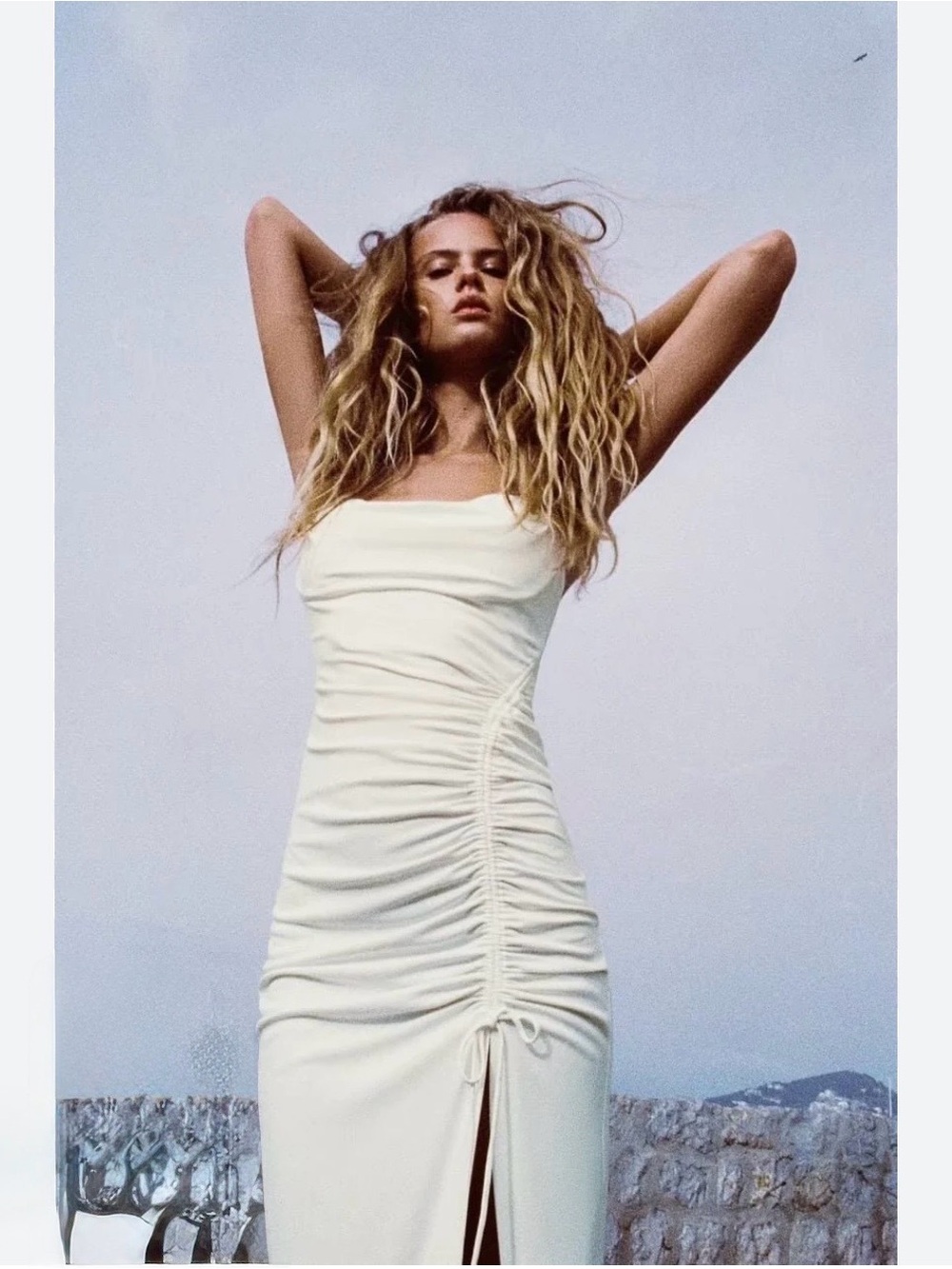Zara White Sleeveless Side Ruched Cowl Sweetheart Neckline Maxi Dress Size Small